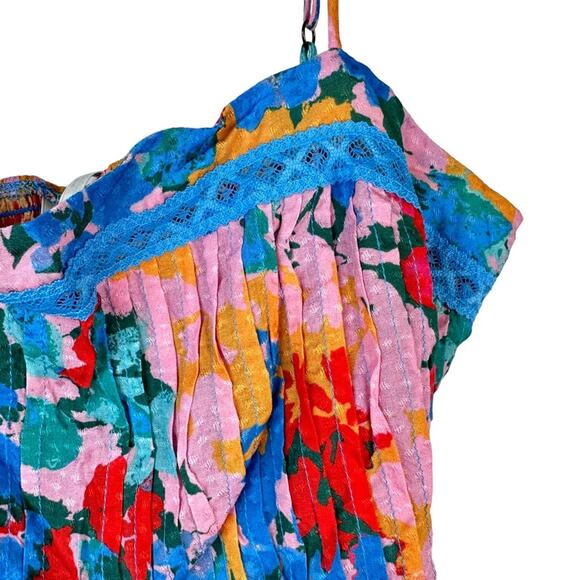 Anthropologie Pintucked Floral Bra Top Square Neck Smock Back Ruffled Blue Large - Picture 6 of 12